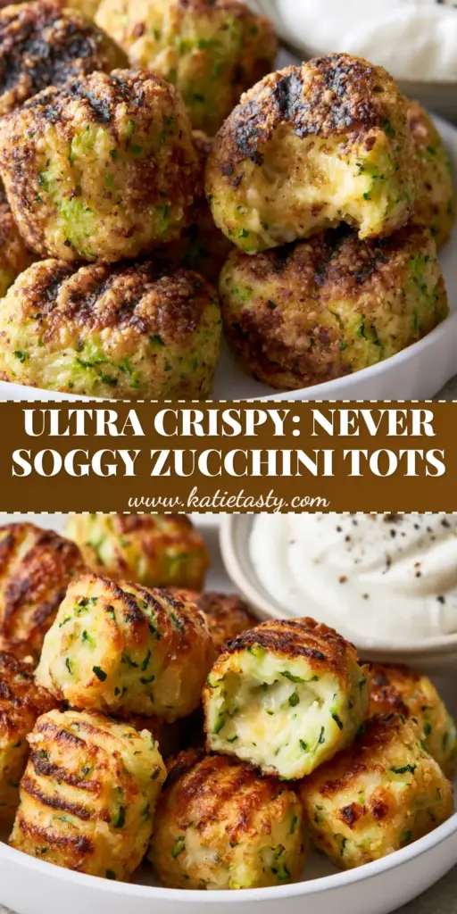 Zucchini Tots with Crispy Parmesan Crust and Garlic Herb Dip 4 A vertical hero shot of a stack of cylindrical zucchini tots on crumpled parchment paper with a bowl of garlic dip garnished with chives.