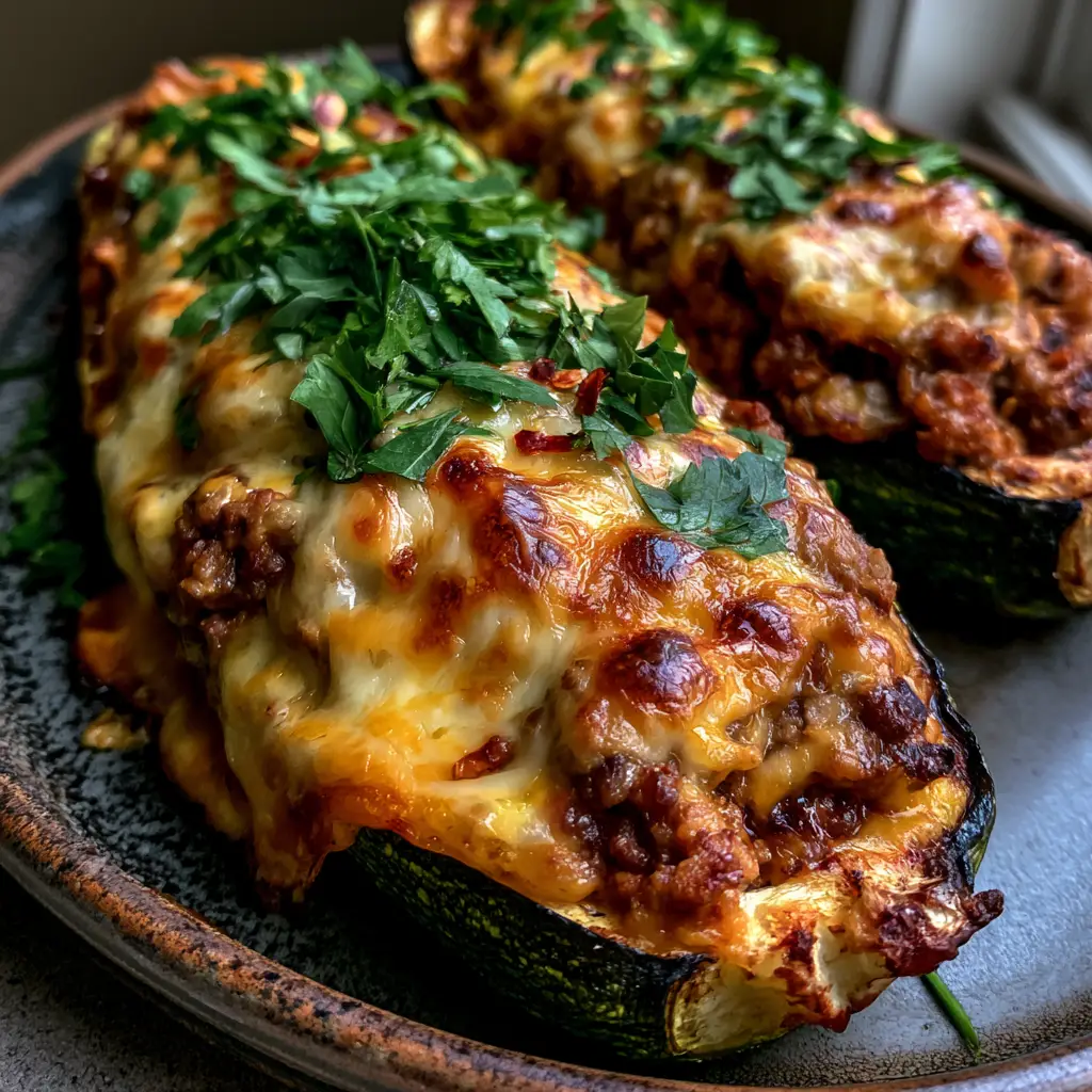 Close up of melted golden-brown mozzarella and cheddar cheese crust on Stuffed zucchini boats.