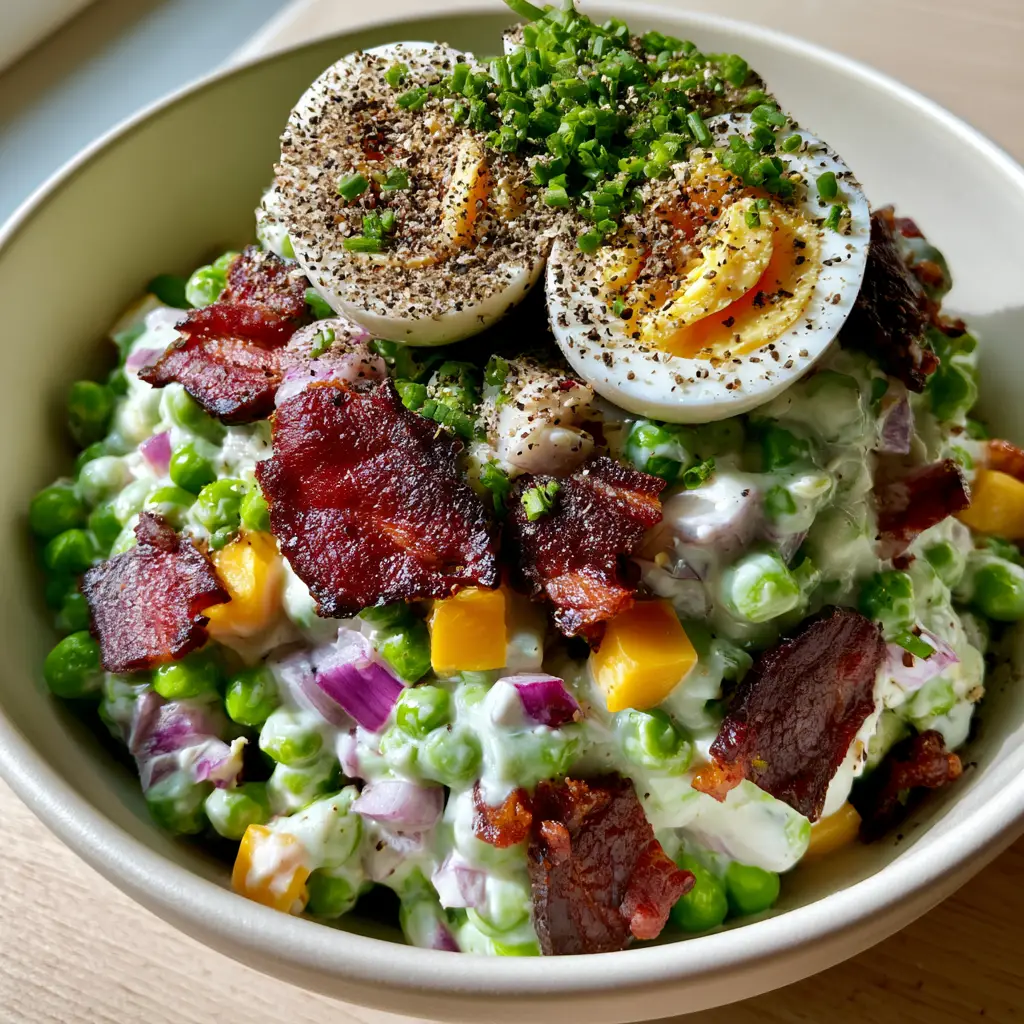 High-angle close-up of a pea salad mountain featuring sharp cheddar cubes and thick dressing. (pea salad)