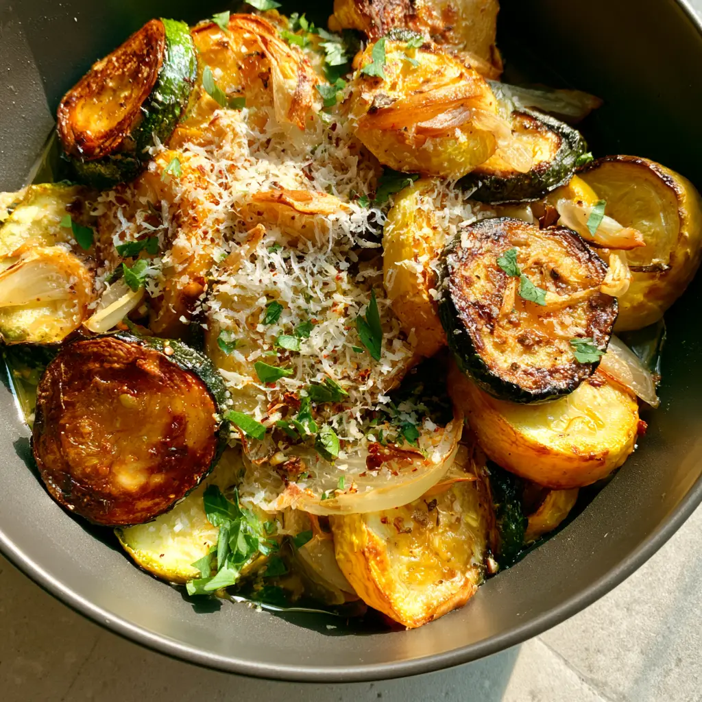 Sauteed Zucchini and Squash with Garlic and Parmesan 1 Slivered garlic and onion petals cooking with Sauteed Zucchini and Squash in a matte skillet.