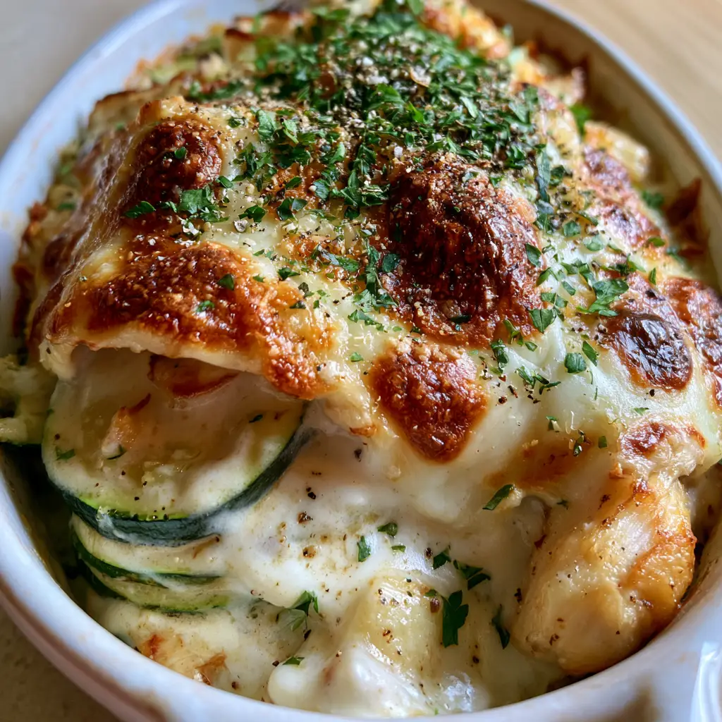 Close-up of seared chicken breast chunks and tender zucchini layers in a thick garlic cream sauce. (creamy chicken zucchini bake)