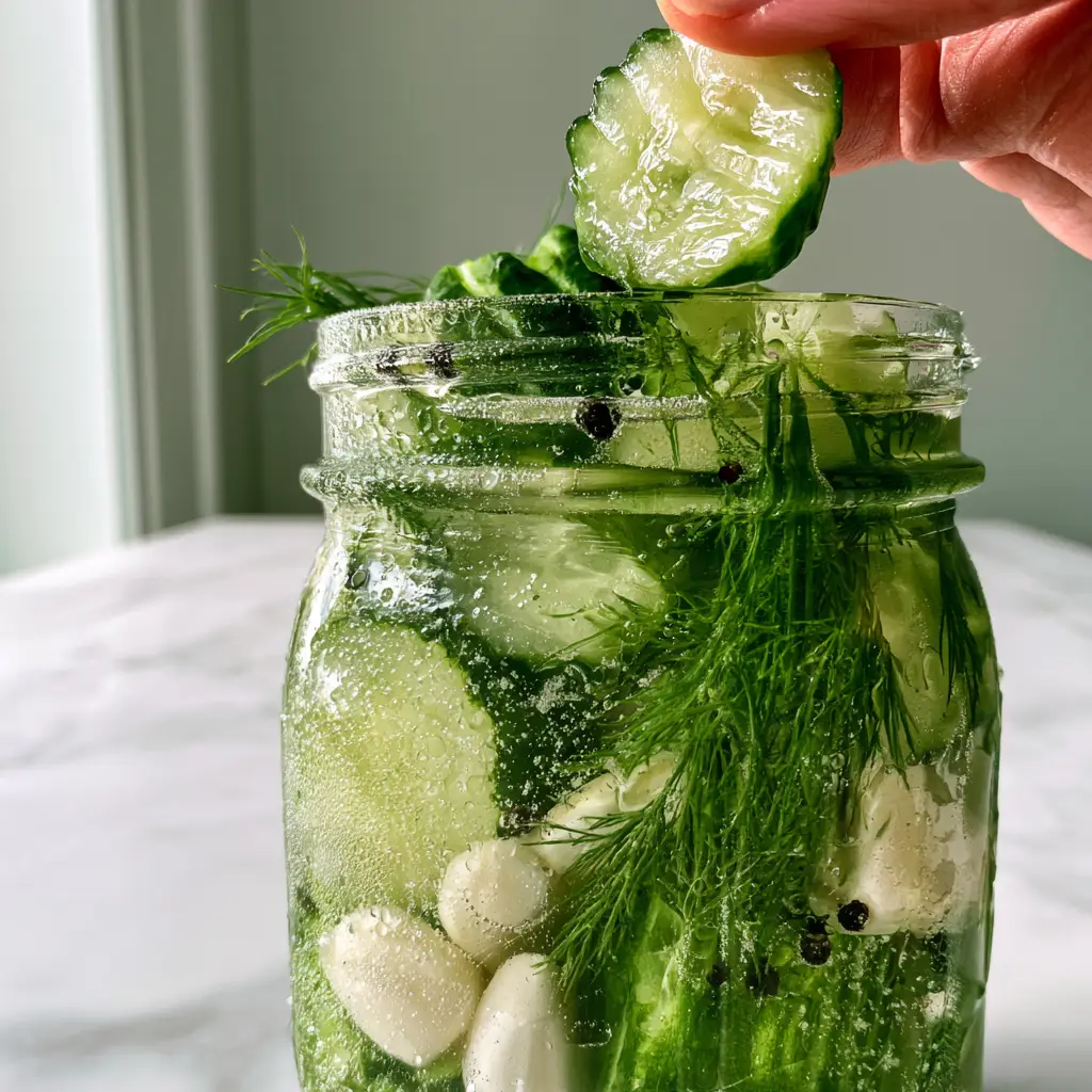 Close up photo of crinkle-cut refrigerator pickles with smashed garlic and mustard seeds in clear brine.