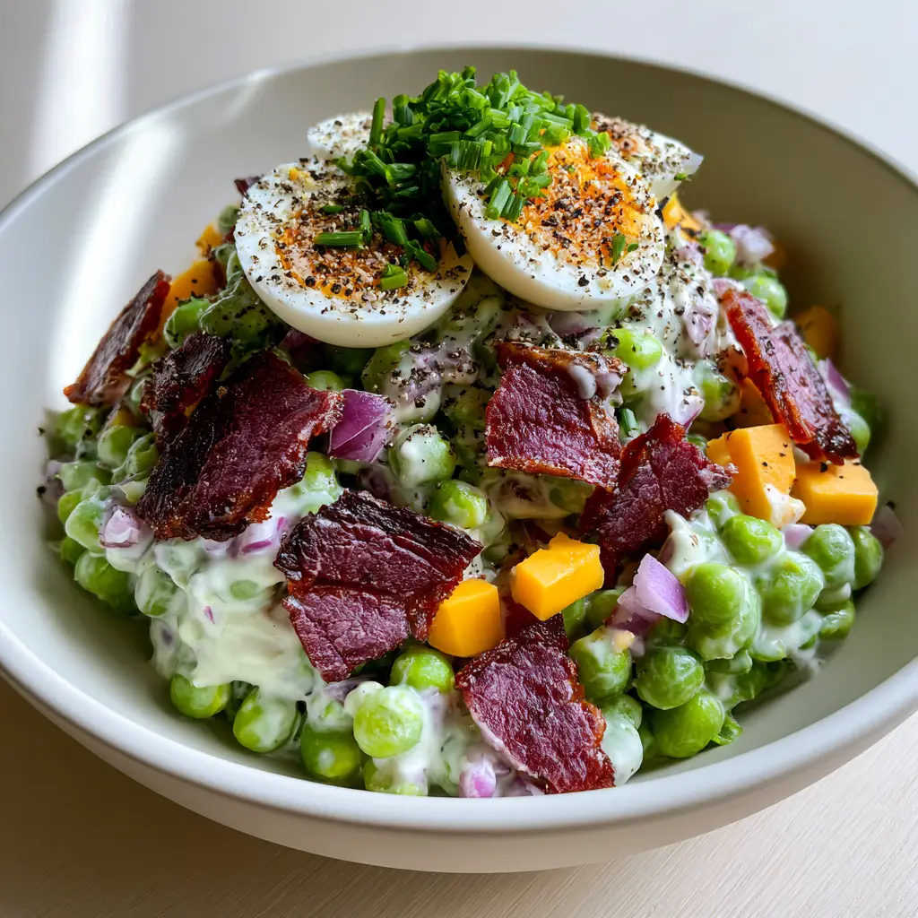 Close-up of hard-boiled egg quarters with bright orange yolks and cracked black pepper on pea salad.