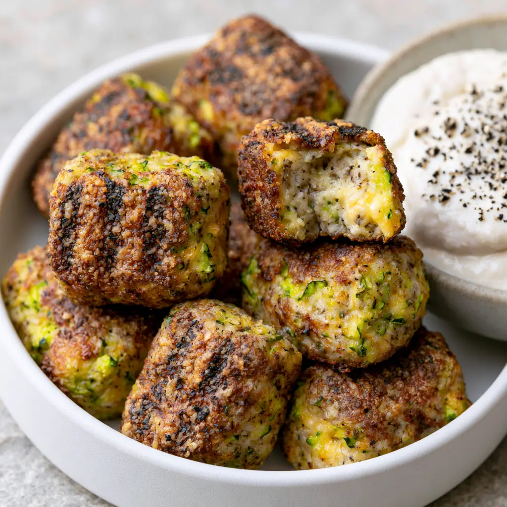 Extreme macro shot of golden-brown zucchini tots showing the jagged texture and green zucchini flecks.