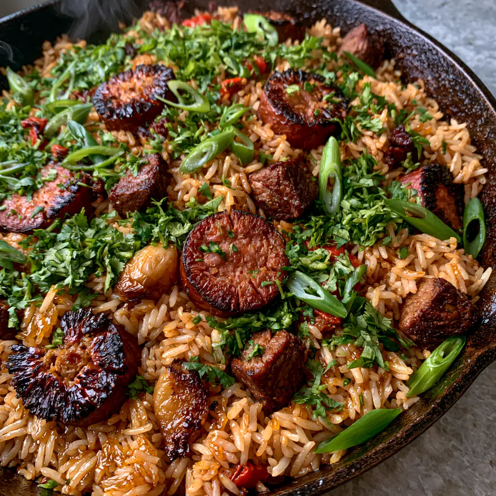 Brazilian dirty rice featuring caramelized garlic cloves and vibrant red pepper bits in a black skillet.