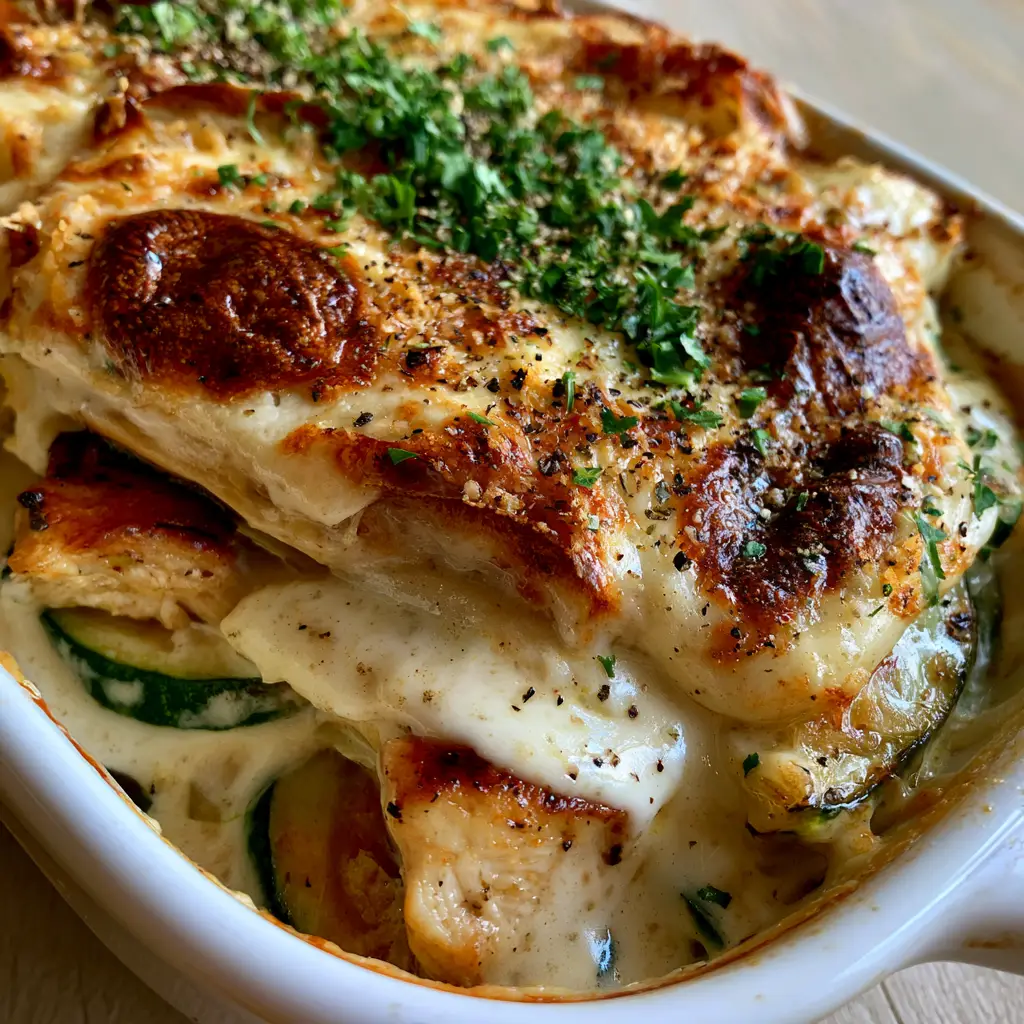 A molten layer of melted mozzarella and toasted parmesan cheese with deep-golden charred bubbles on a creamy chicken zucchini bake.