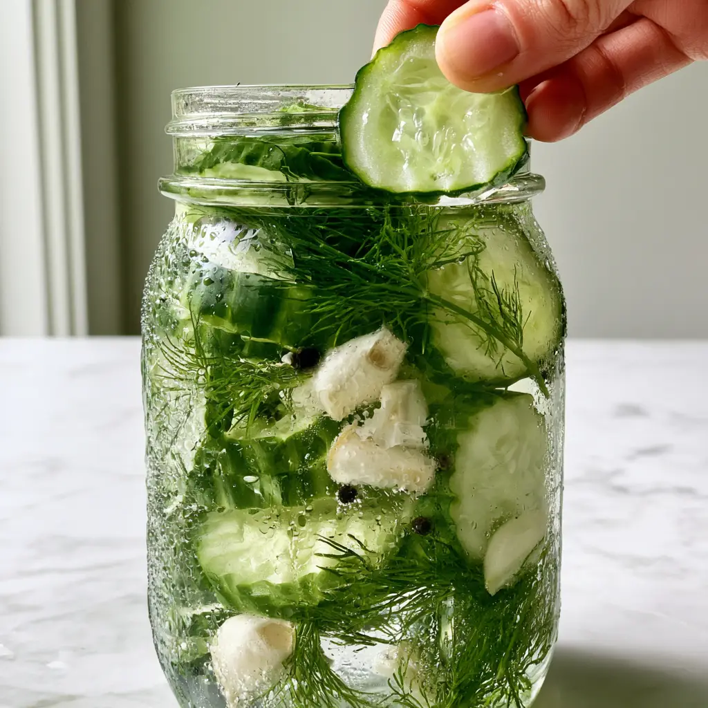 Handheld view of a single crinkle-cut refrigerator pickle slice showing translucent texture and freshness.