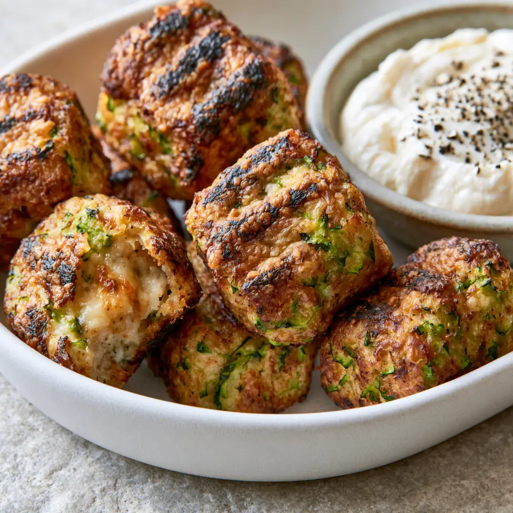 Zucchini Tots with Crispy Parmesan Crust and Garlic Herb Dip 1 Detail shot of zucchini tots broken open to reveal a moist green center and crispy toasted parmesan crust.