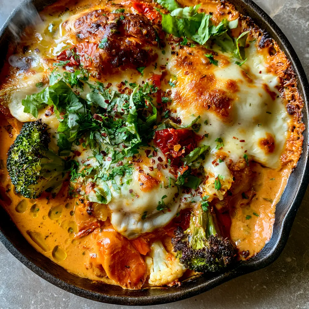 Extreme close up of toasted mozzarella and parmesan cheese on top of a Cheesy Marry Me Roasted Vegetable Medley.