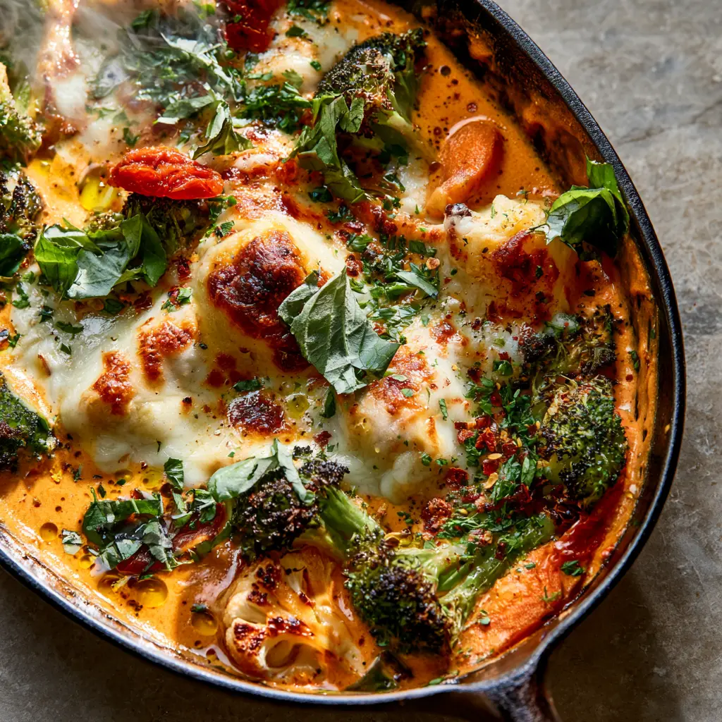 Cheesy Marry Me Roasted Vegetable Medley: The Ultimate Flavor Bomb 1 A rustic skillet filled with Cheesy Marry Me Roasted Vegetable Medley showing ochre-orange sauce and fresh basil.
