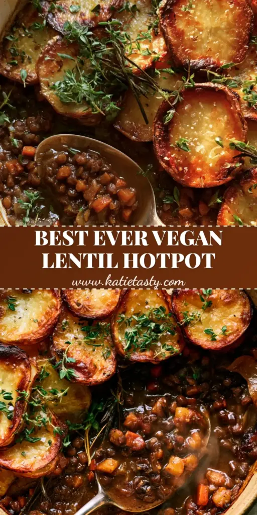 Vegan Lentil Hotpot with Crispy Sliced Potatoes 3 A close-up of a rustic ceramic pot filled with a vegan lentil hotpot, featuring a thick mahogany gravy and topped with golden, charred potato slices. (vegan lentil hotpot)