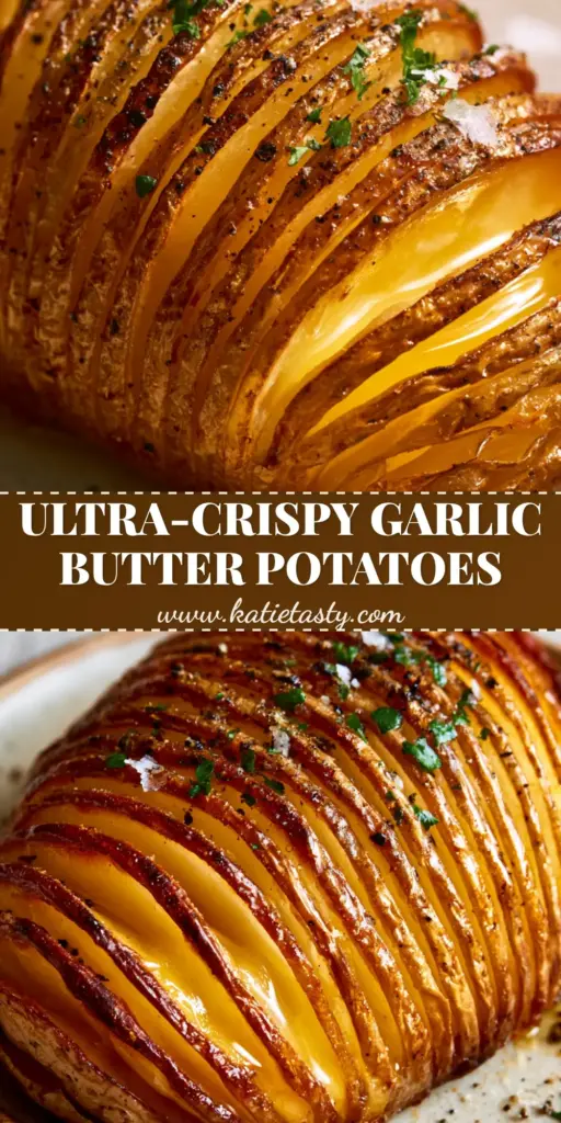 hasselback potatoes with Garlic Butter and Crispy Gold Edges 4 A close-up of a perfectly roasted hasselback potato with crispy golden edges and fanned slices on a rustic plate.