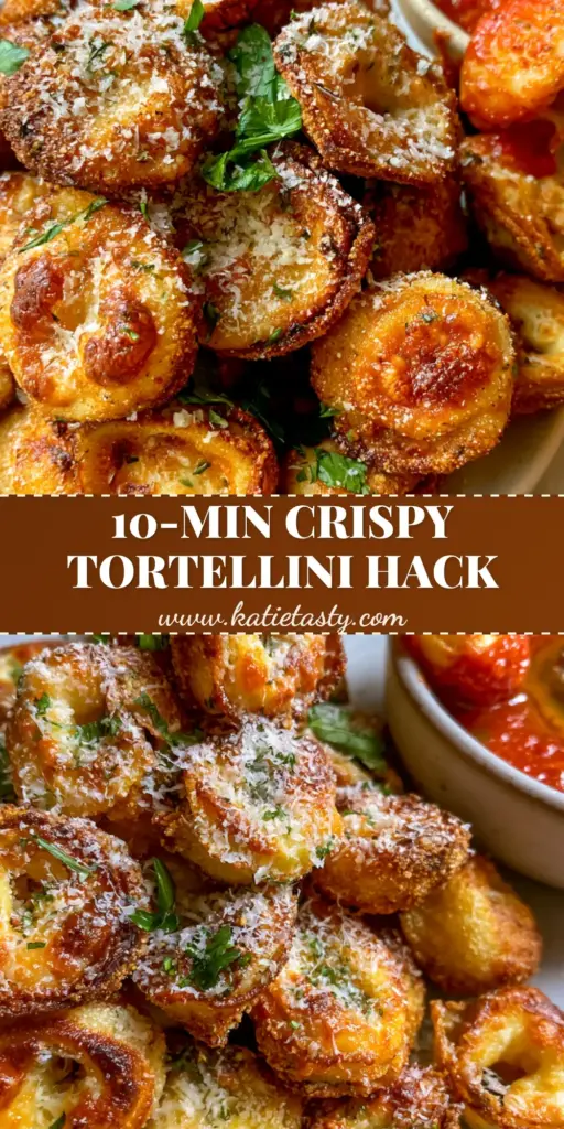 A towering mound of golden-brown Air Fryer Tortellini dusted with snow-like parmesan and fresh parsley, featuring a thick marinara dip with an olive oil swirl. (Air Fryer Tortellini)