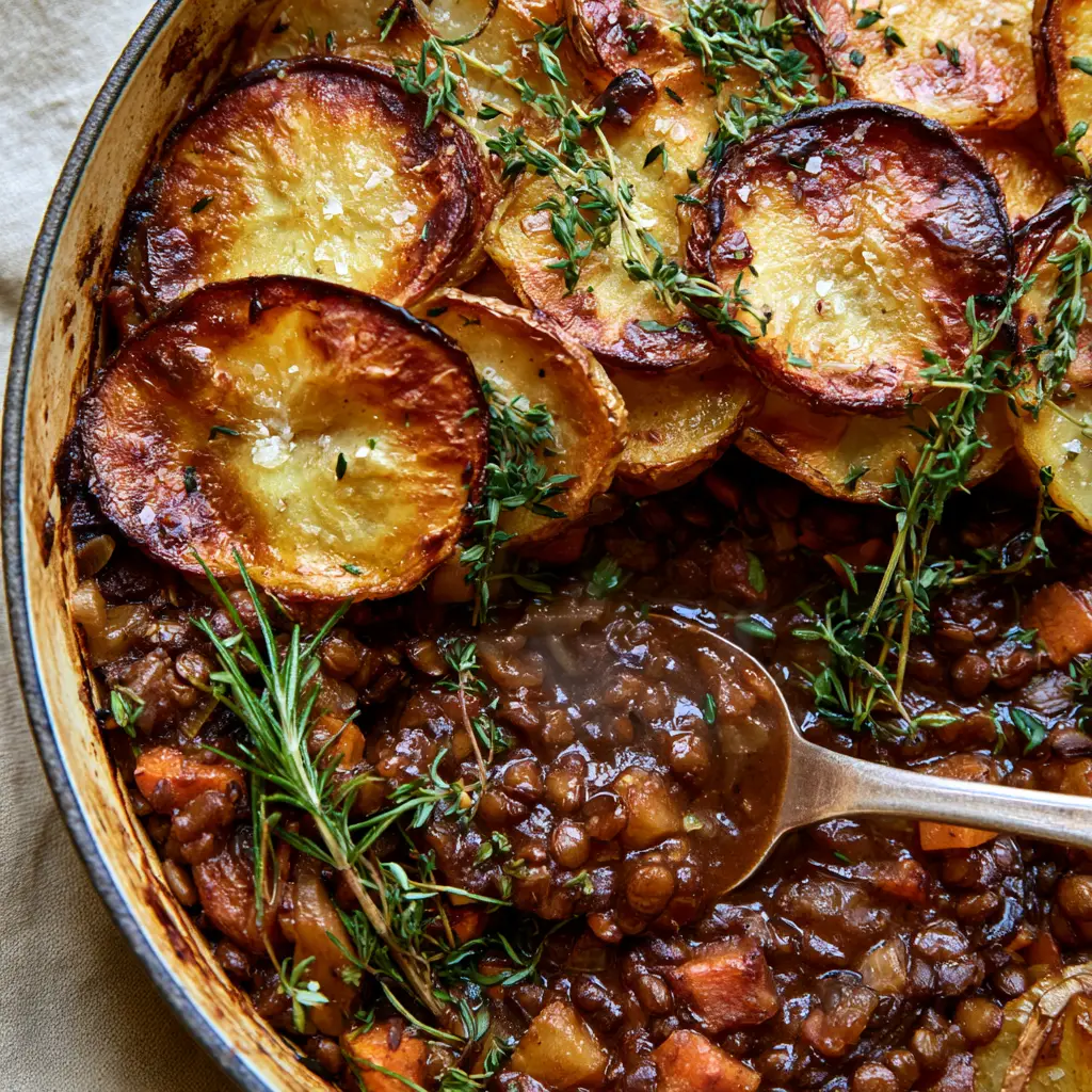 High-angle shot of a rustic lentil hotpot with steam rising, showing the meaty thickness of the brown lentil stew and sea salt on crispy potatoes. (vegan lentil hotpot)