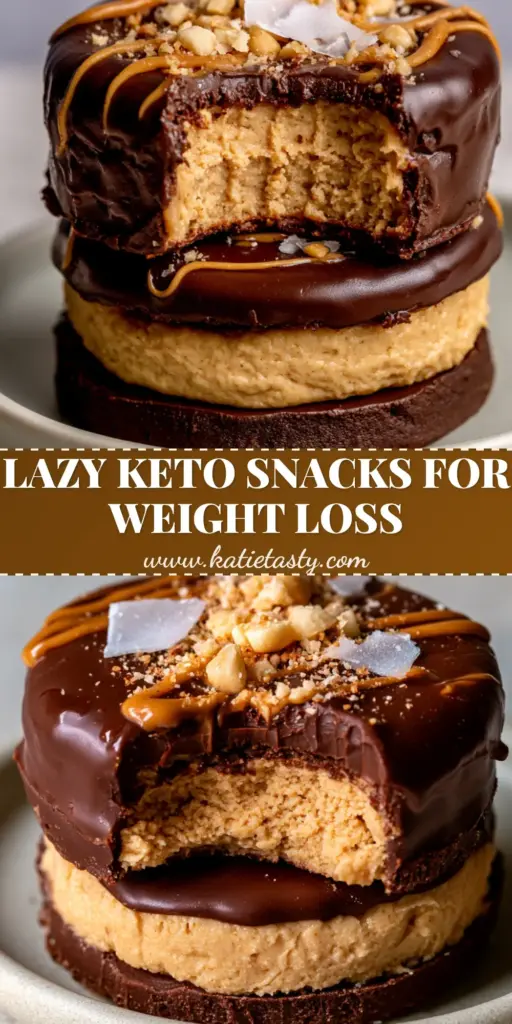 Keto snacks: Decadent No-Bake Peanut Butter Chocolate Fat Bombs 3 A stack of three thick, no-bake layered peanut butter fat bombs with a glossy chocolate coating and macadamia nuts. (Keto snacks)