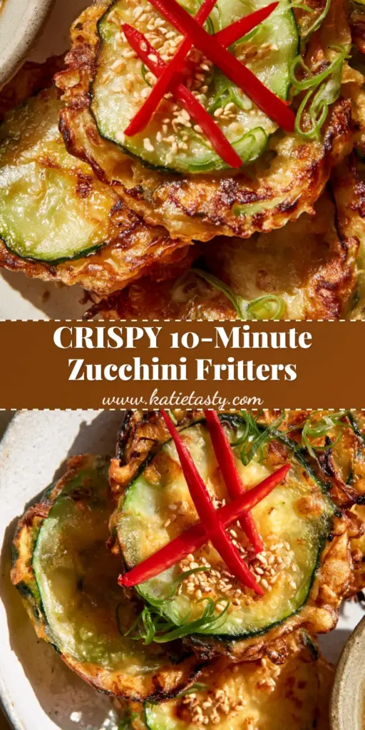 A stack of golden-brown Korean Zucchini Fritters garnished with red chili and scallions on a white plate.