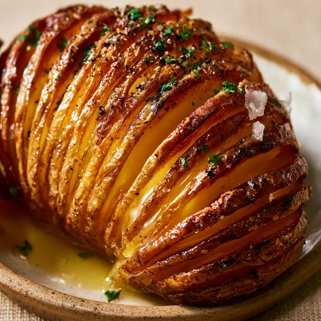 Extreme macro top-down angled shot of a single hasselback potato with translucent crispy edges and garlic butter.