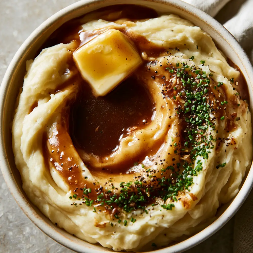 Extreme close-up of silky potato peaks and dark brown onion gravy. (gravy potatoes)