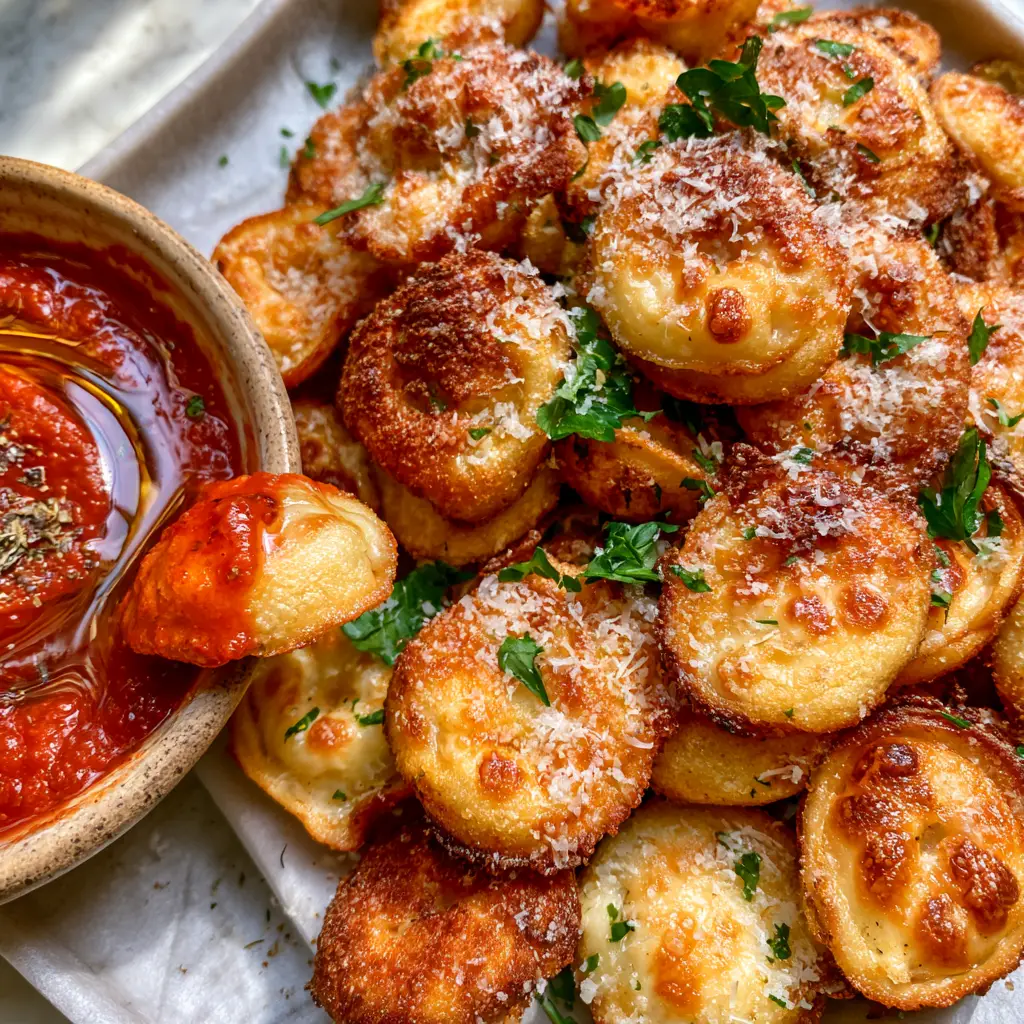 Home 6 Close-up handheld photo of crispy Air Fryer Tortellini showing toasted cheese edges and crunchy semolina texture on a marble background. (Air Fryer Tortellini)