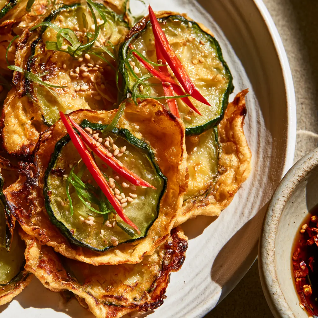 Top-down macro shot of Korean Zucchini Fritters with lacy egg fringe and red chili slivers. (Korean Zucchini Fritters)