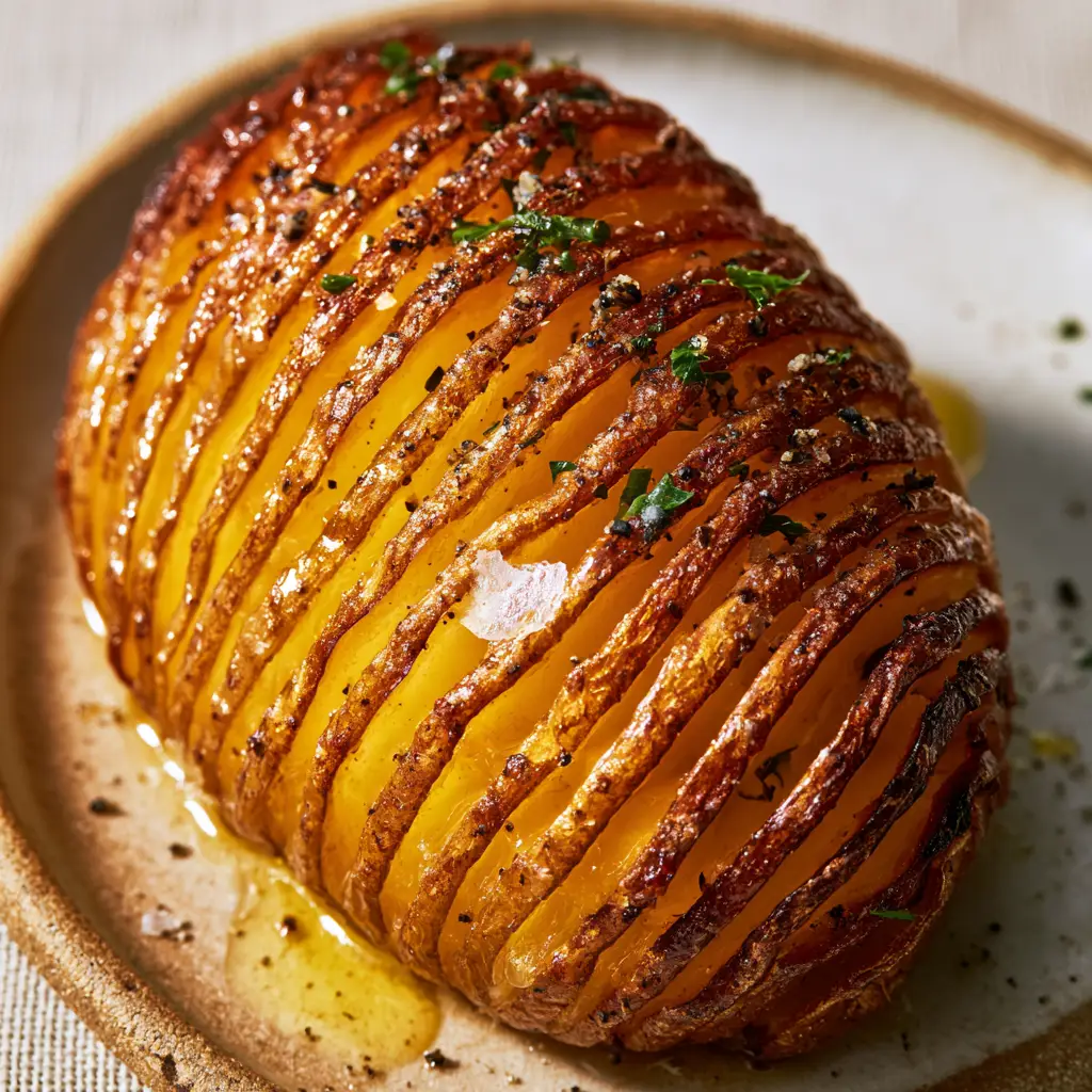 hasselback potatoes with Garlic Butter and Crispy Gold Edges 1 Close up shot of charred potato skin and garlic butter infusion on accordion-style hasselback potatoes.