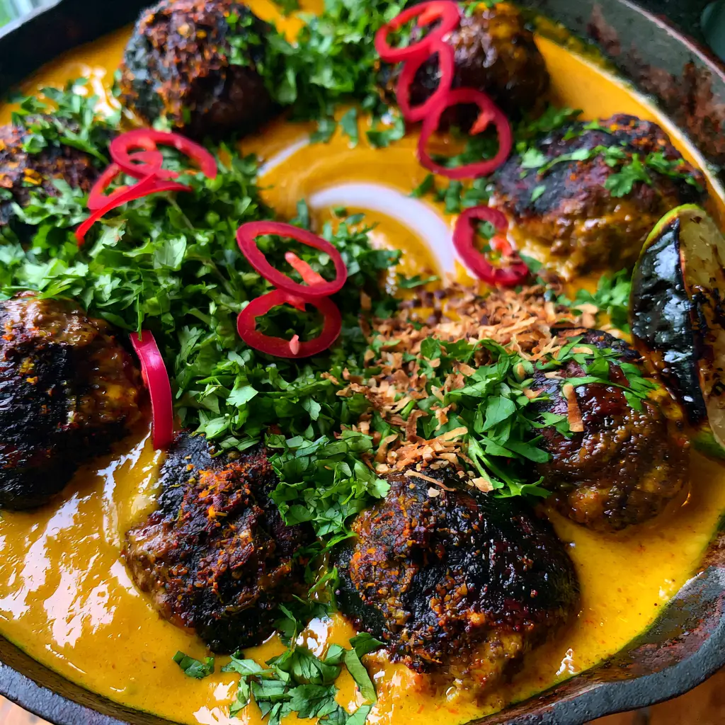 Jerk Meatballs In Coconut Curry Sauce: A Golden Skillet Masterpiece 2 Extreme close-up of seared jerk meatballs in a thick golden-orange curry sauce. (Jerk Meatballs In Coconut Curry Sauce)