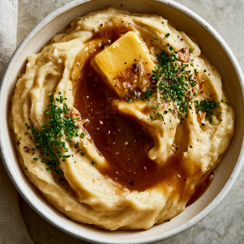 A top-down view of gravy potatoes garnished with chives and cracked black pepper.