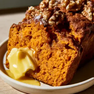 Extreme close-up of a steaming slice of sweet potato bread with a melting pat of butter and toasted walnuts.