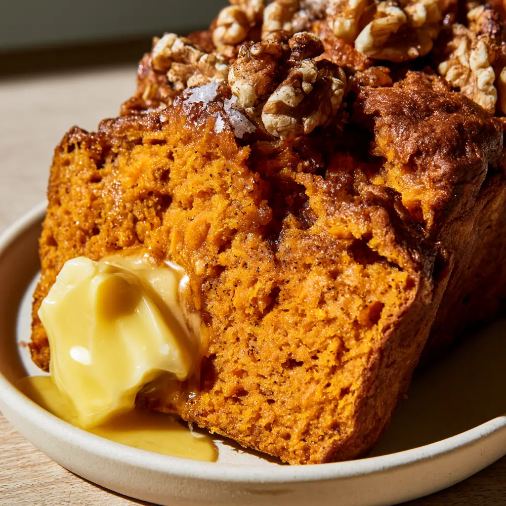 Extreme close-up of a steaming slice of sweet potato bread with a melting pat of butter and toasted walnuts.