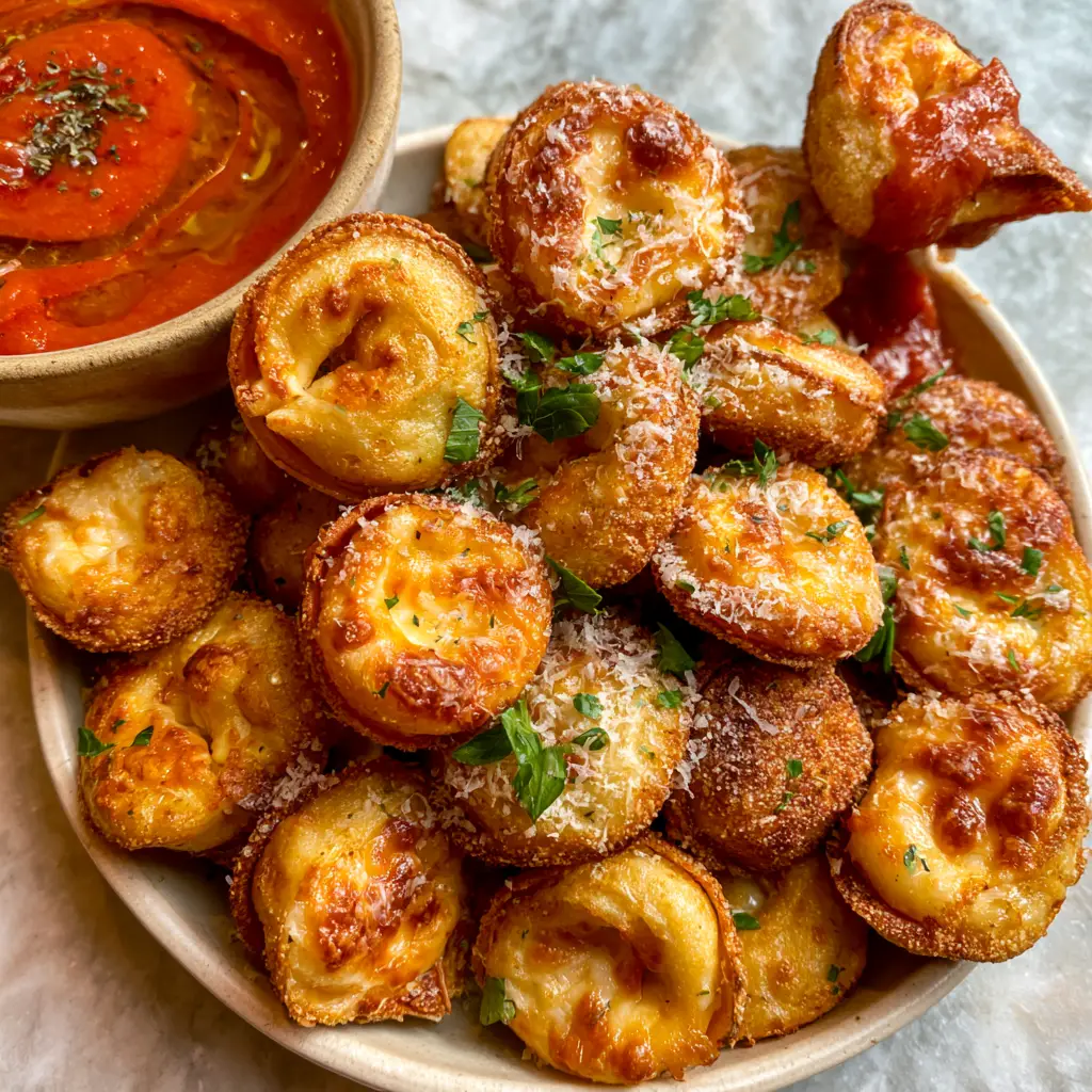 A single Air Fryer Tortellini being dipped into thick, glossy marinara sauce with visible red pepper flakes and oregano.