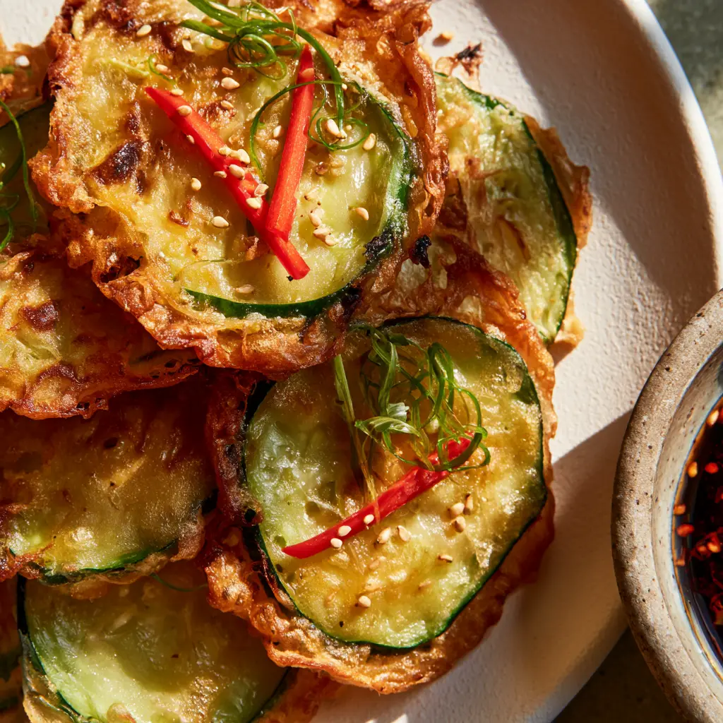 Artfully stacked Korean Zucchini Fritters next to a stone bowl of dark soy dipping sauce.