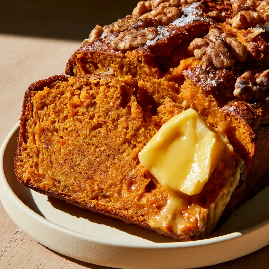 Sweet Potato Bread: The Ultimate Moist and Spiced Homemade Loaf 1 Top view of a sweet potato bread loaf showing the craggy golden-brown crust and walnut topping on a ceramic plate.