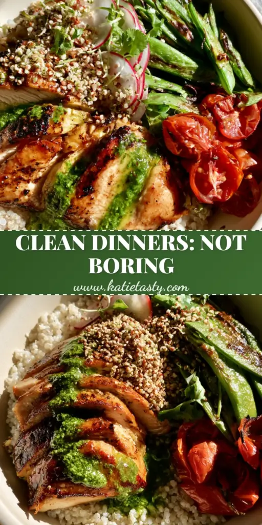 Clean Eating Dinner Recipes: Pesto Lemon-Herb Chicken and Quinoa Bowls 3 A top-down view of a gourmet clean eating dinner recipe bowl featuring seared lemon-herb chicken, fluffy quinoa, and blistered tomatoes. (clean eating dinner recipes)