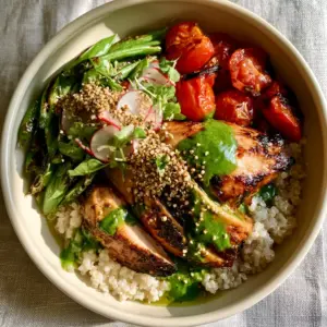 Close up macro view of seared chicken breast with golden grill marks and vibrant green pesto drizzle. (clean eating dinner recipes)