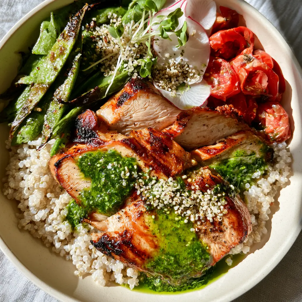 Clean Eating Dinner Recipes: Pesto Lemon-Herb Chicken and Quinoa Bowls 1 Top-down view of charred snap peas, blistered cherry tomatoes, and thin radish slices in a ceramic bowl.