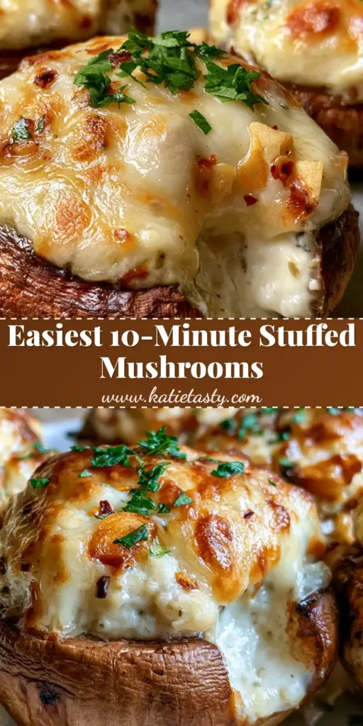 Lazy Stuffed Mushrooms with Garlic Herb Cheese and Bubbly Mozzarella 3 A vertical shot of Lazy Stuffed Mushrooms with melted bubbly mozzarella and toasted parmesan crust, garnished with parsley.