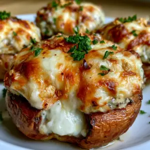 Close up photo of a roasted cremini mushroom cap with bubbly golden brown cheese and red pepper flakes. (Lazy Stuffed Mushrooms)