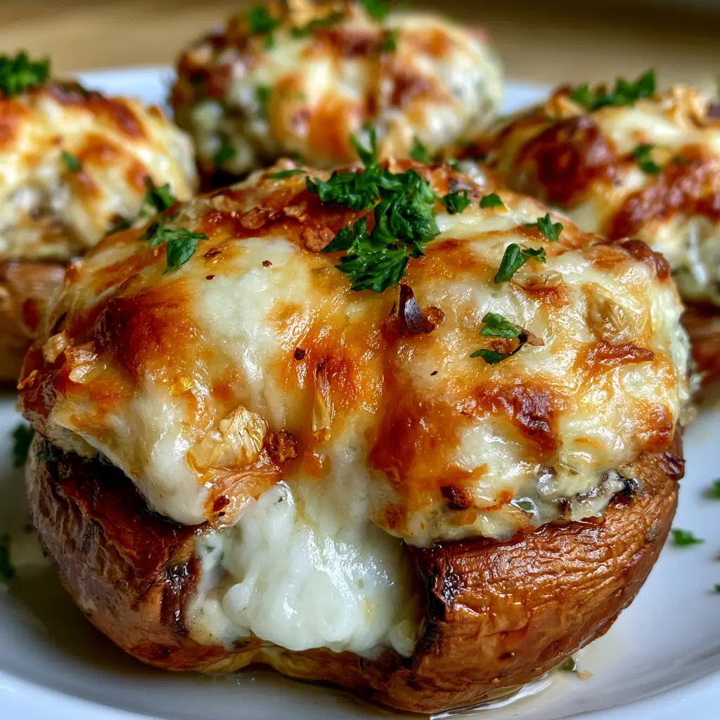 Close up photo of a roasted cremini mushroom cap with bubbly golden brown cheese and red pepper flakes. (Lazy Stuffed Mushrooms)