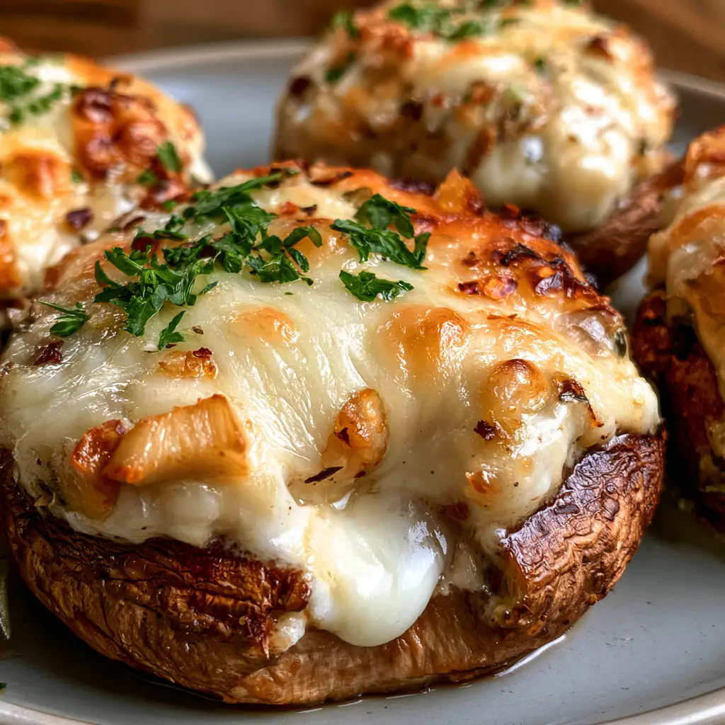 Lazy Stuffed Mushrooms with Garlic Herb Cheese and Bubbly Mozzarella 1 A handheld smartphone photo of Lazy Stuffed Mushrooms showing a creamy white interior filling after a bite was taken.