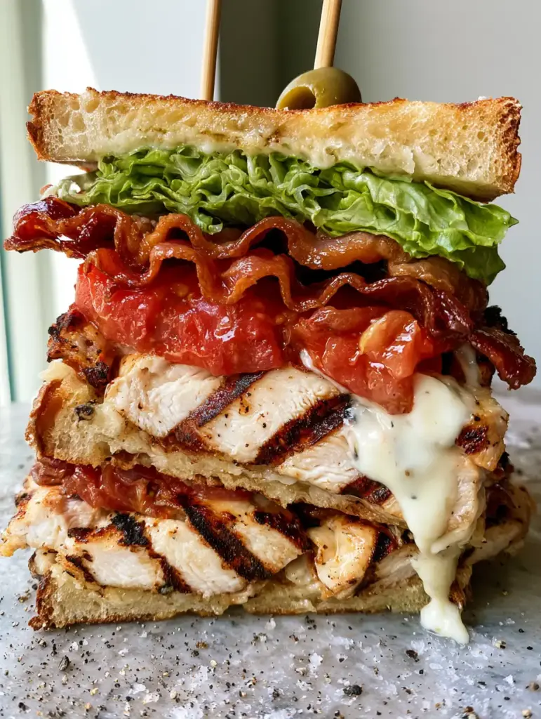 Chicken Club Sandwich: The Ultimate Grilled Triple-Decker Recipe 2 Macro shot of a Chicken Club Sandwich showing dripping garlic aioli and dark sear marks on grilled chicken.