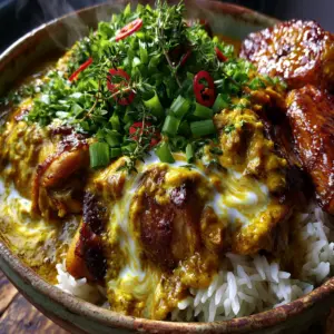Macro shot of seared chicken thigh chunks in a thick ochre curry sauce with coconut milk swirls. (Jamaican Curry Chicken Recipe)