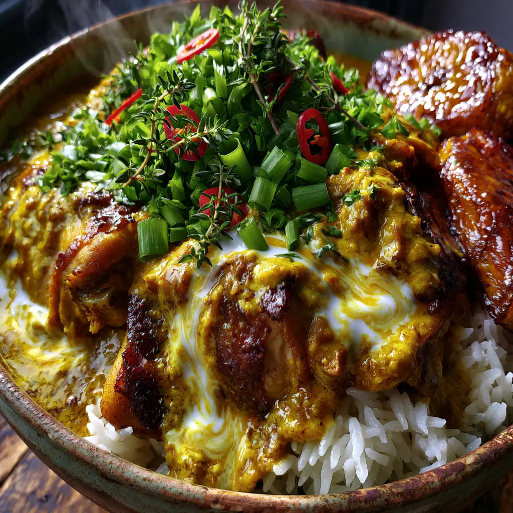 Jamaican Curry Chicken Recipe: A Vibrant Caribbean Masterpiece 2 Macro shot of seared chicken thigh chunks in a thick ochre curry sauce with coconut milk swirls. (Jamaican Curry Chicken Recipe)