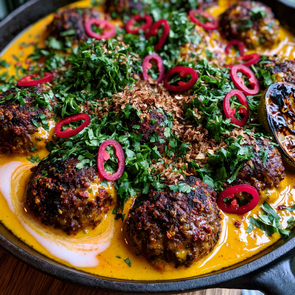 Jerk Meatballs In Coconut Curry Sauce: A Golden Skillet Masterpiece 1 Top-down view of a cast iron skillet with vibrant curry sauce and coconut cream swirl. (Jerk Meatballs In Coconut Curry Sauce)