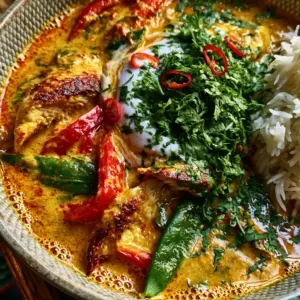 Top-down view of Coconut Curry Chicken showing tiny bubbles of coconut oil on a golden sauce with bright cilantro.