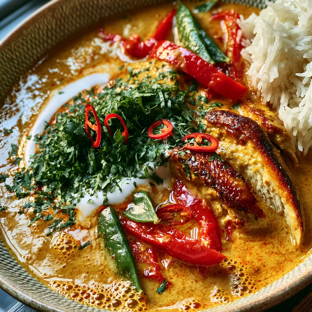 Coconut Curry Chicken with Golden Seared Breast and Jasmine Rice 1 Slices of seared golden chicken breast sitting in a pool of coconut curry with a side of jasmine rice.