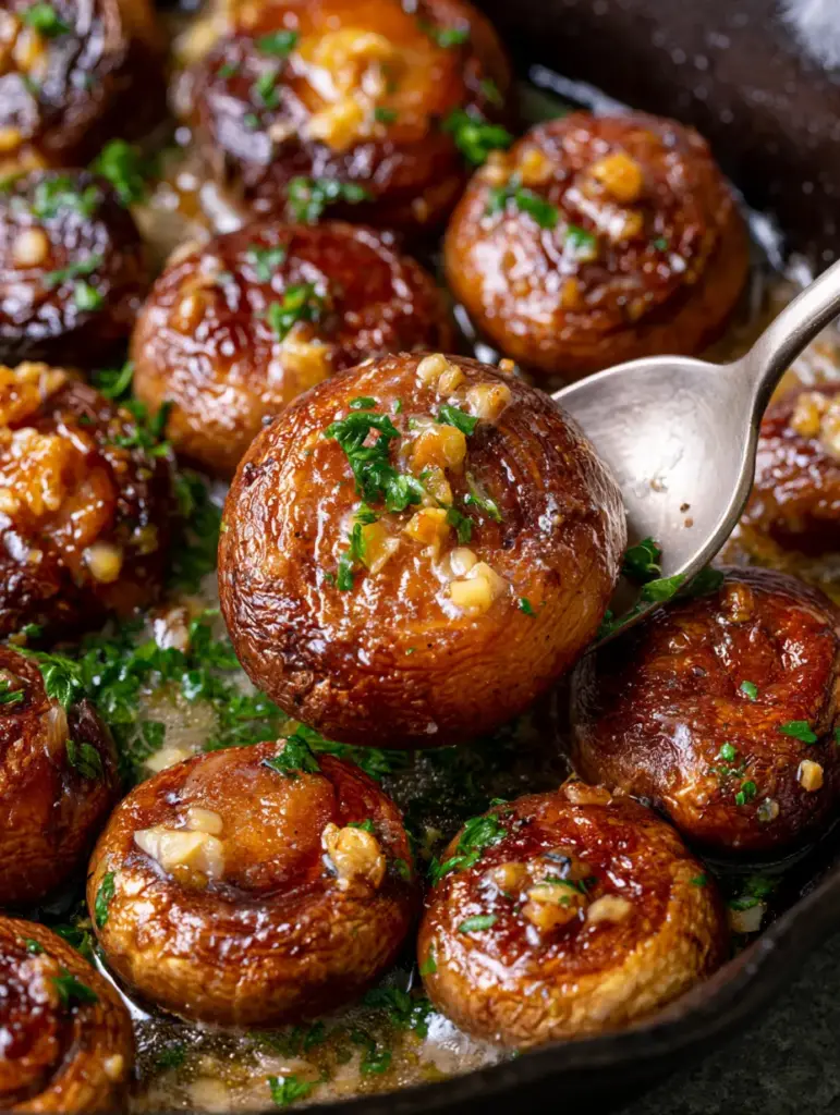 A silver spoon lifting a buttery sautéed mushroom topped with golden garlic and parsley.