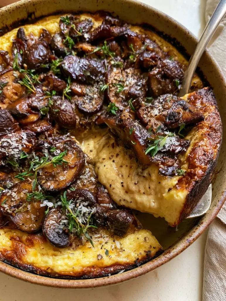 A whole Mushroom and Parmesan Clafoutis in a rustic dish, showing a puffed golden-brown custard and seared shiitake mushrooms.