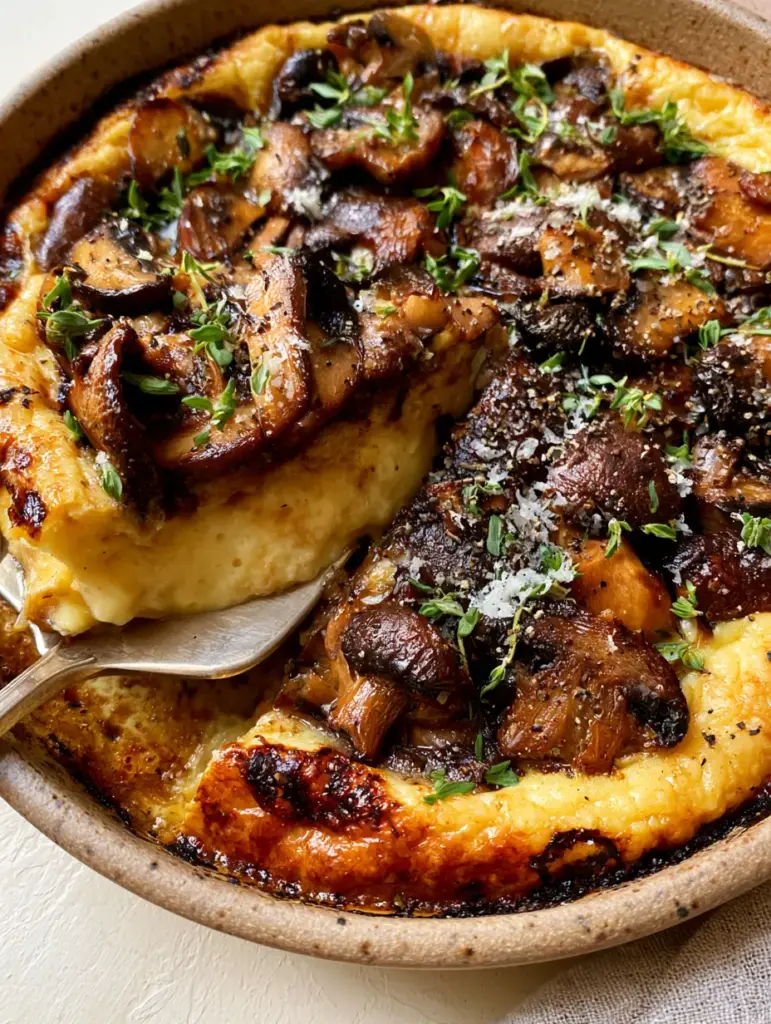 Close-up of seared cremini and shiitake mushrooms embedded in a parmesan egg custard with fresh thyme garnish.
