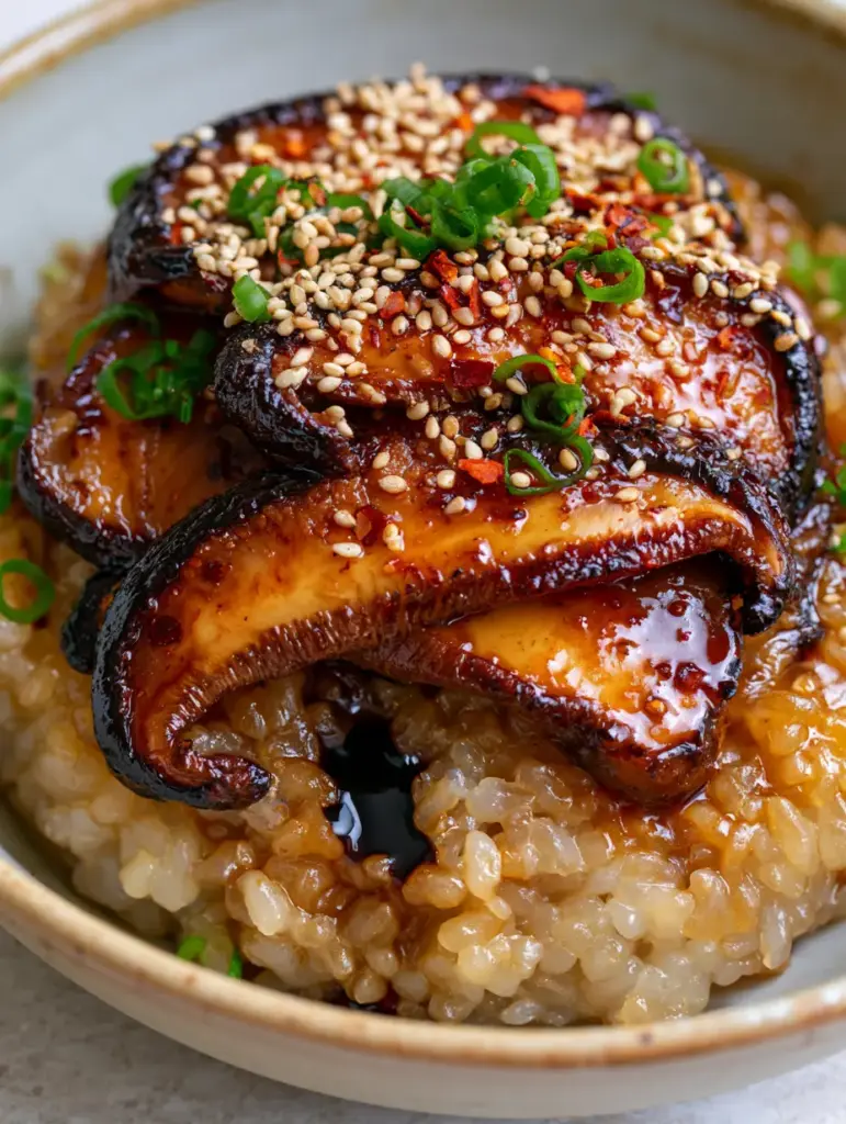 Macro shot of sesame seeds and scallion curls on top of mushrooms with sticky rice.
