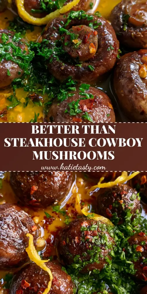 Cowboy Mushroom Recipe: The Ultimate Garlic Butter Skillet Sensation 4 A top-down view of whole seared cremini mushrooms in a glossy golden garlic butter sauce in a cast iron skillet. (Cowboy mushroom recipe)